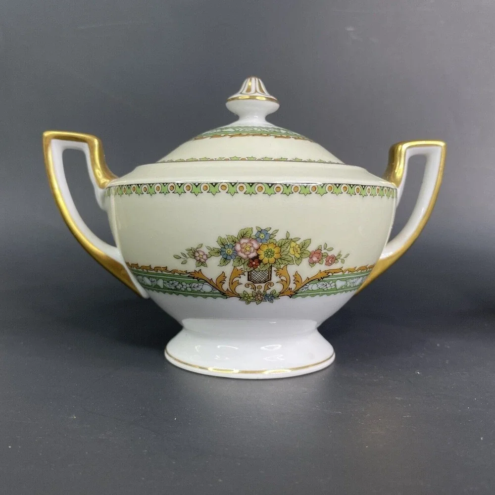 Vintage Style House Fine China‎ Kimberly Creamer & Sugar Bowl Green & Gold
